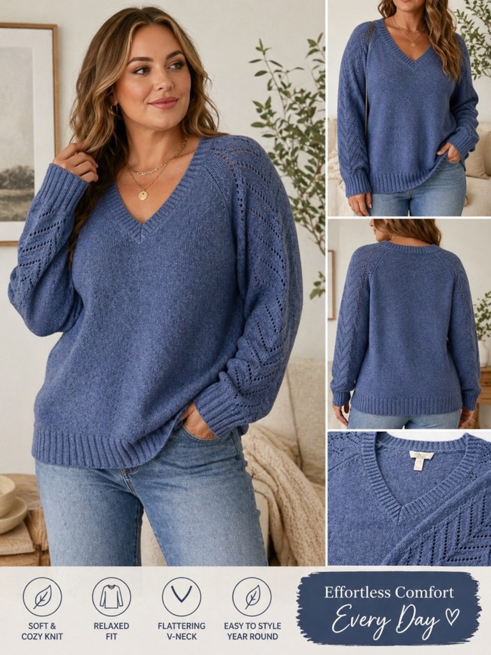 d&co Heritage Blue Knit Sweater 2X V Neck Cozy‎ Pullover Soft Textured Sleeve